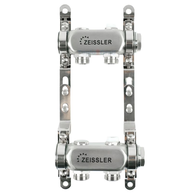 Коллекторный блок из нержавеющей стали без запорных клапанов 1”х3/4”ЕК на 2 выхода Zeissler