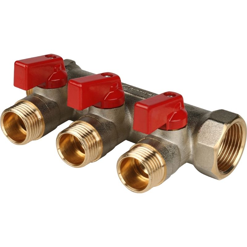 Коллектор с шаровыми кранами 3/4”, 3 отвода 1/2” (красные ручки) Stout