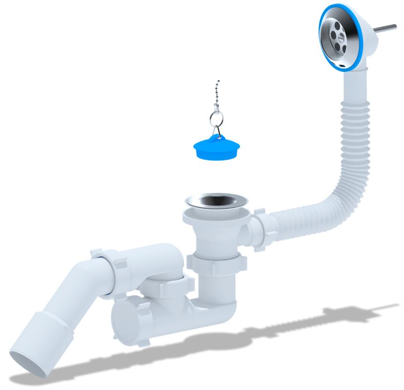 Сифон для ванны регулируемый с выпуском 1 1/2”х40, с переливом и переходной трубой 45° 40/50 АНИ Пласт E251